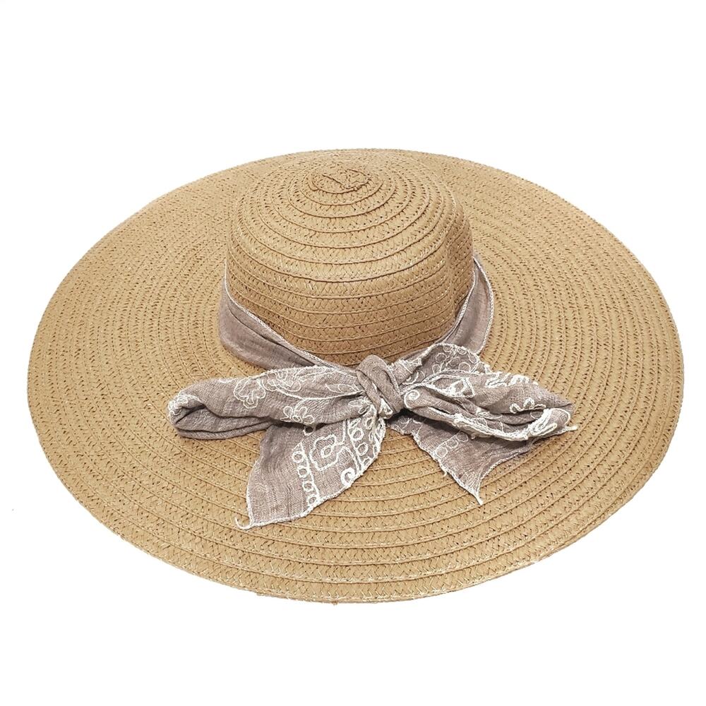 Floppy Brim Straw Paper Hat with Fabric Sash Tie Bow